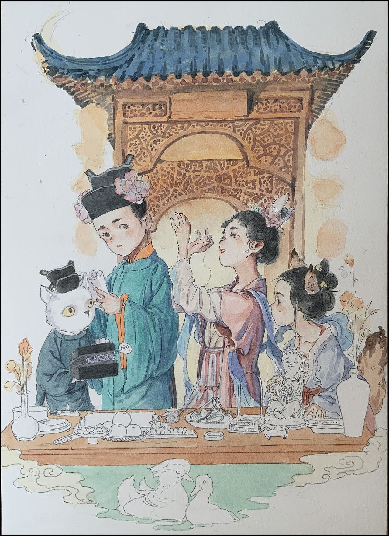 七月七夕，贵家多结彩楼于庭，谓之乞巧…（图ZMzQ5MDI3NDYw） - 艺术插画 - 站酷设计师達人原创素材 - 站酷ZCOOL