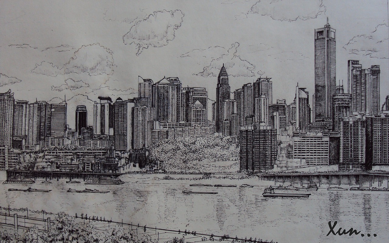 上海陆家嘴,重庆渝中半岛,重庆洪崖洞,成都合江亭,四川泸州市区手绘