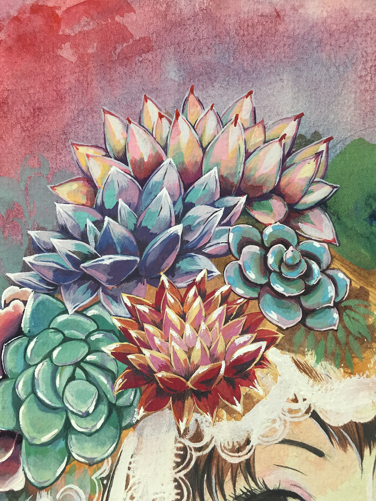 水粉画多肉与女孩