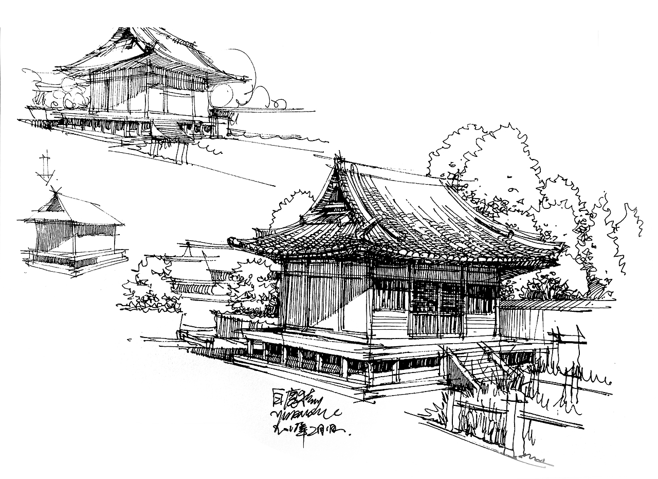 白鹿猿钢笔手绘---东方建筑情节