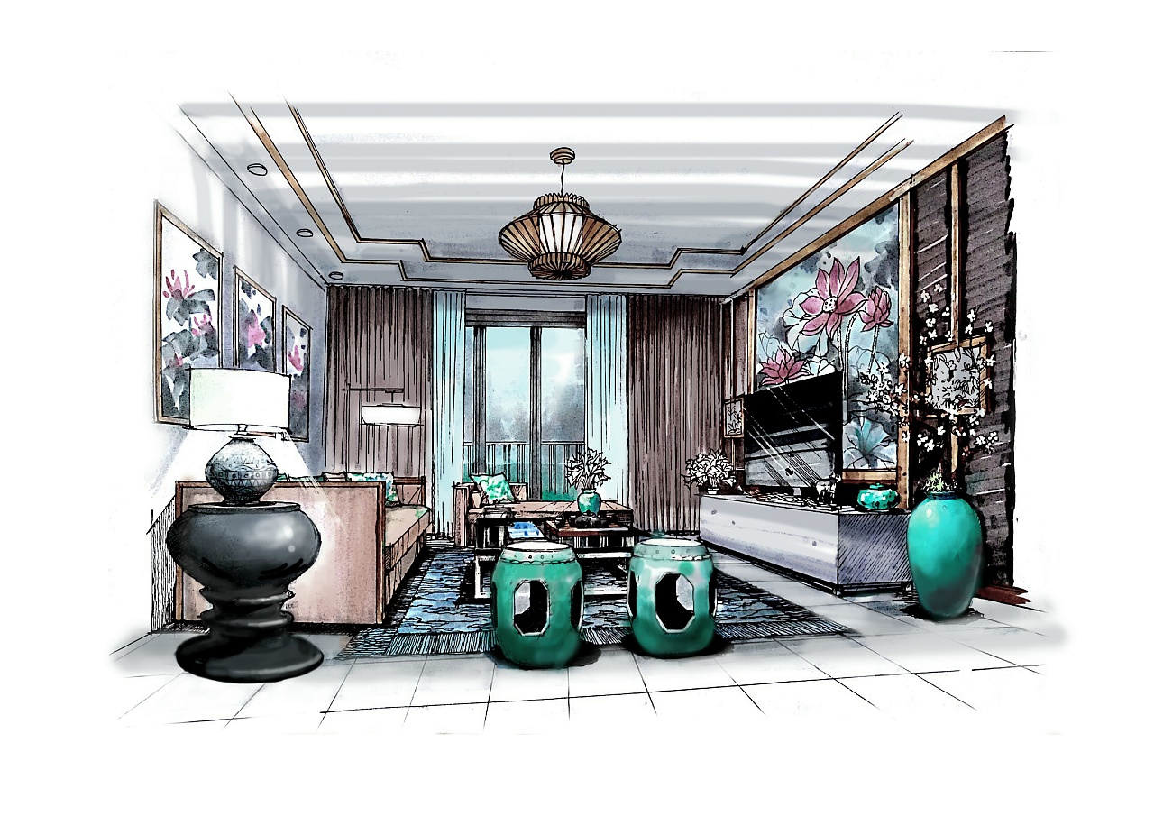 欧式客厅手绘表现草图|空间|家装设计|翁小峰 - 原创作品 - 站酷 (ZCOOL)