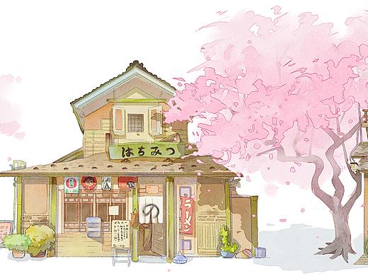 日式樱花小清新旅行插画