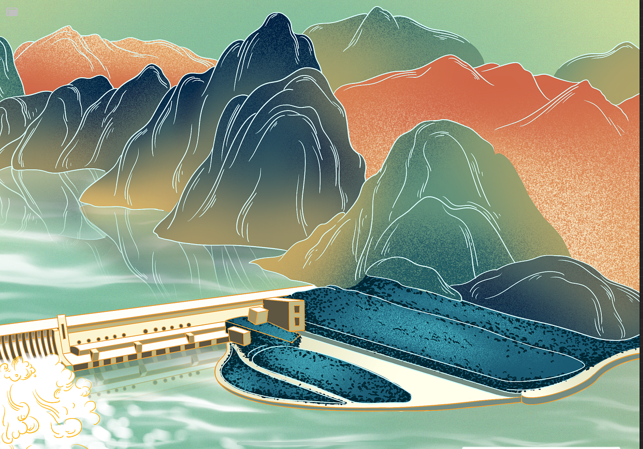三峡大坝手绘画图片