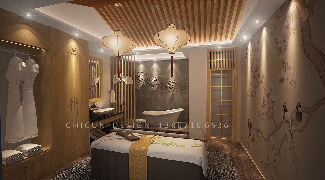 尺寸设计|安森新中式理发店空间设计 发廊设计效果图