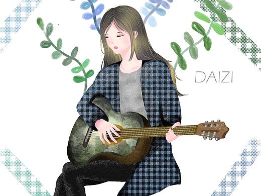 插画人物，弹吉他的女孩