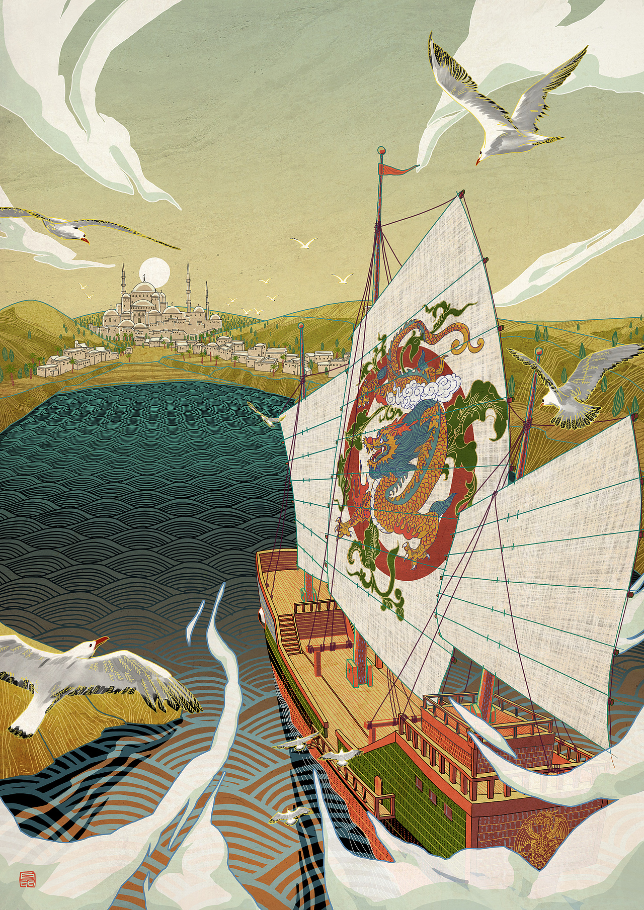 《清晨到达》关于海上丝绸之路的想象|插画|商业插画|聂敦格_原创作品