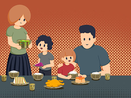 一家四口吃晚饭