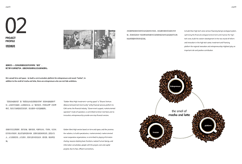 第2p:
右侧三个咖啡杯环绕的处理设计,像是在交流谈事情,这也是上节课老师给我们说的创意,这里我把它做出来了而已<br>小图的使用,文字的节奏排版,简洁而具有设计感,<br>这不同以往的简单设计,而是存在于你看不到的地方,非常的舒服