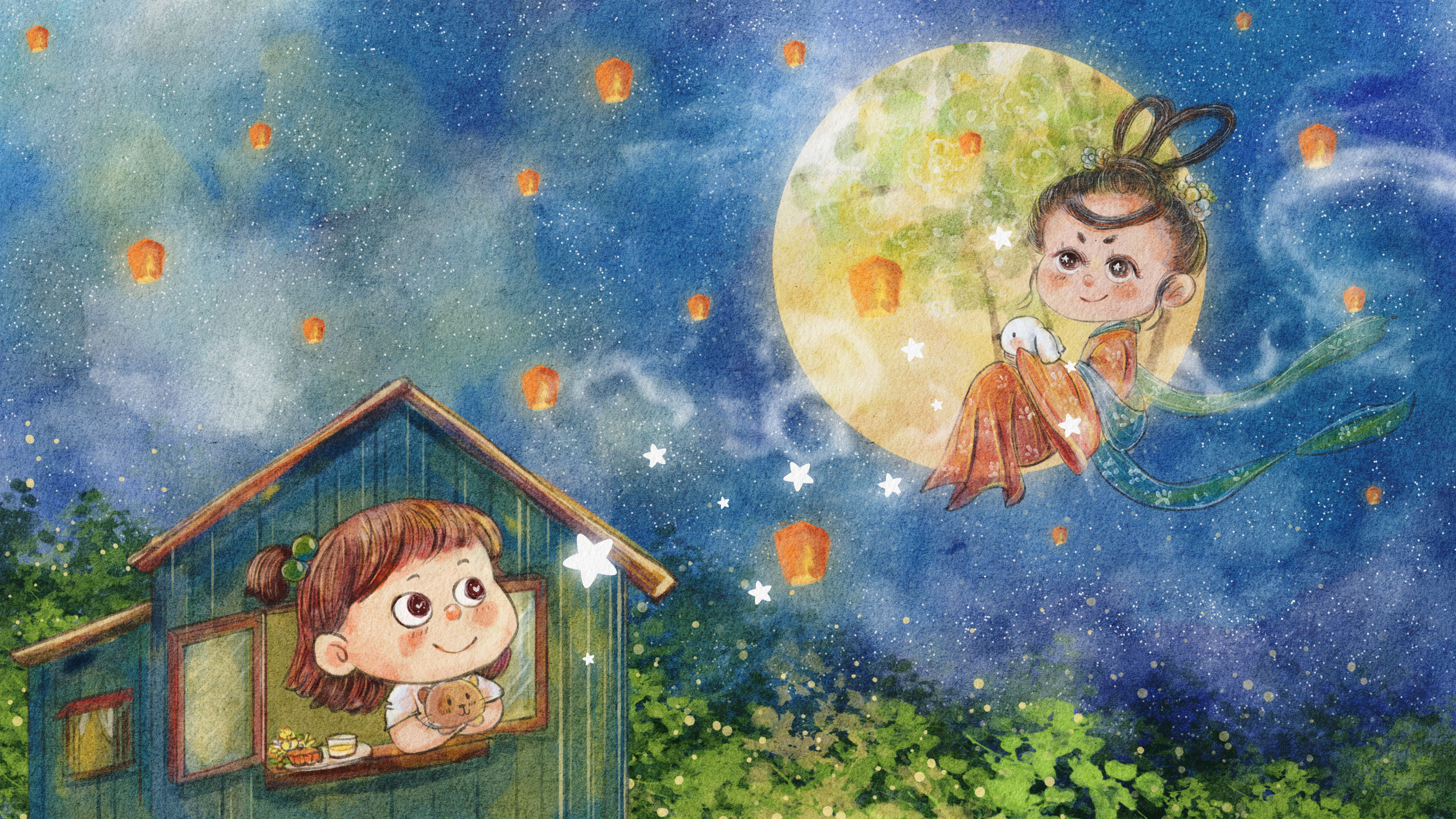 中秋节团圆节水彩主题