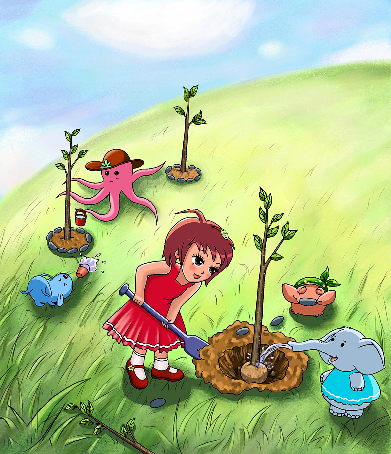 5,他和小伙伴们植树,想尽自己的力量保护地球,让地球穿上绿色的大衣.