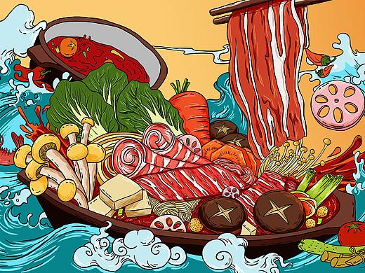 全家福国潮春节火锅美食原创手绘插画海报