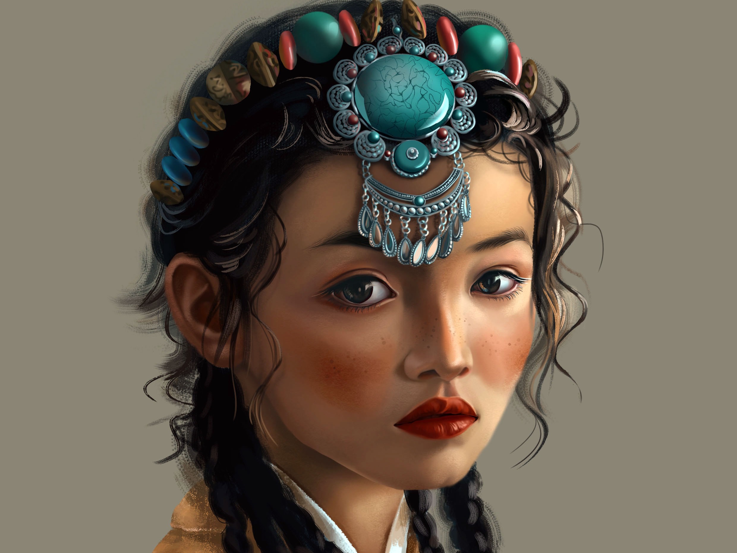 一个女孩, 长辫子, 藏族姑娘, 特写, 微微抬起头 - SeaArt AI