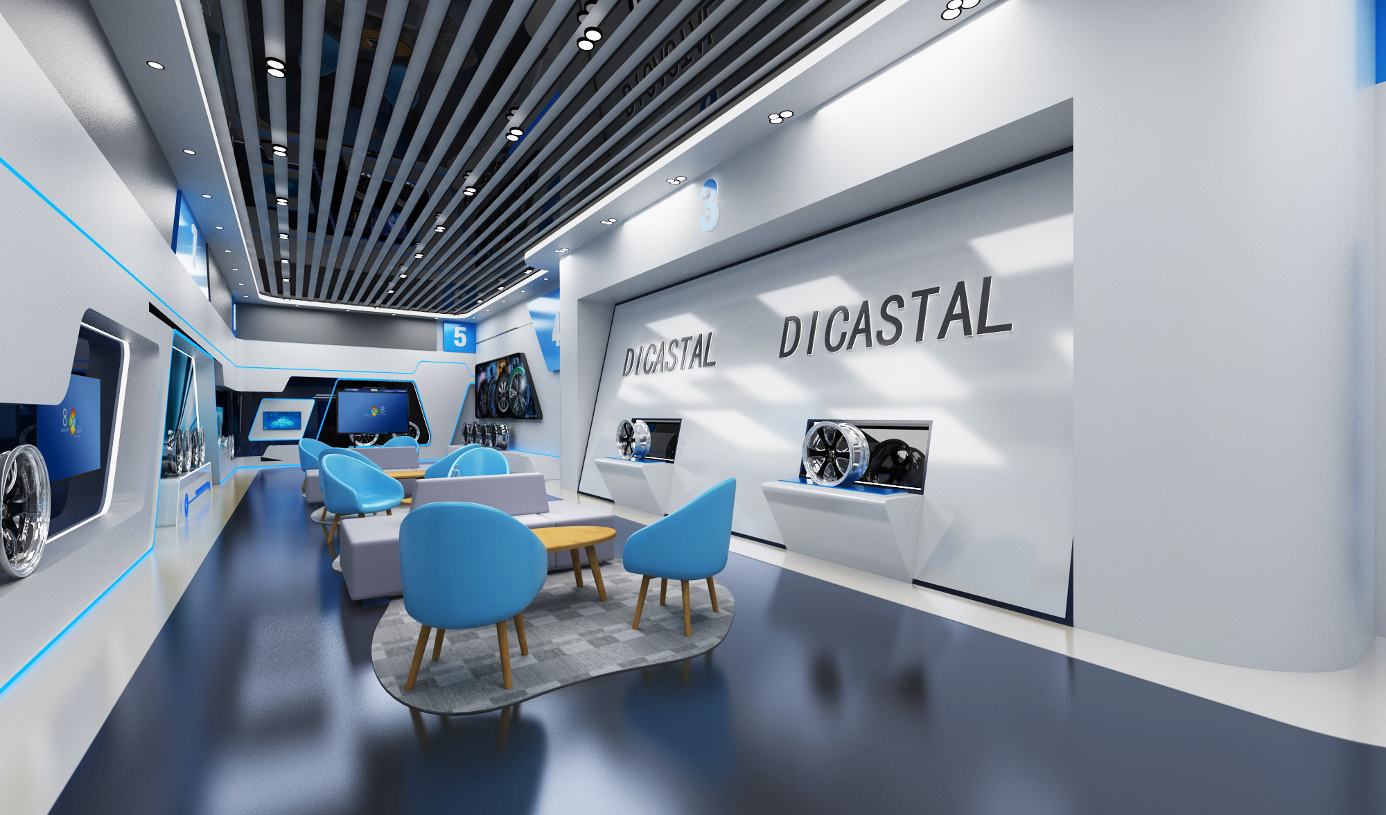 轮毂企业展厅3d效果图设计 现代科技风格展示厅设计