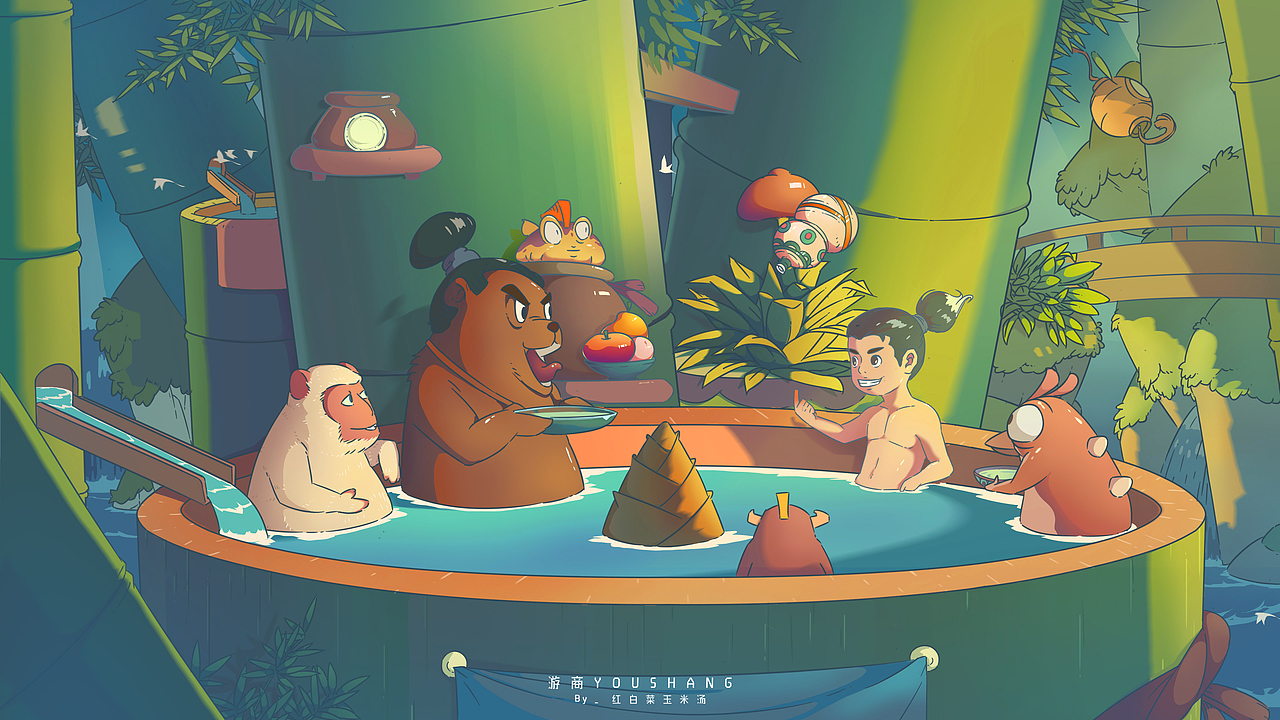 旅途中的辛苦，在一场沐浴中被解救，
（就如辛苦上班的你，回家后的一个热水澡。）