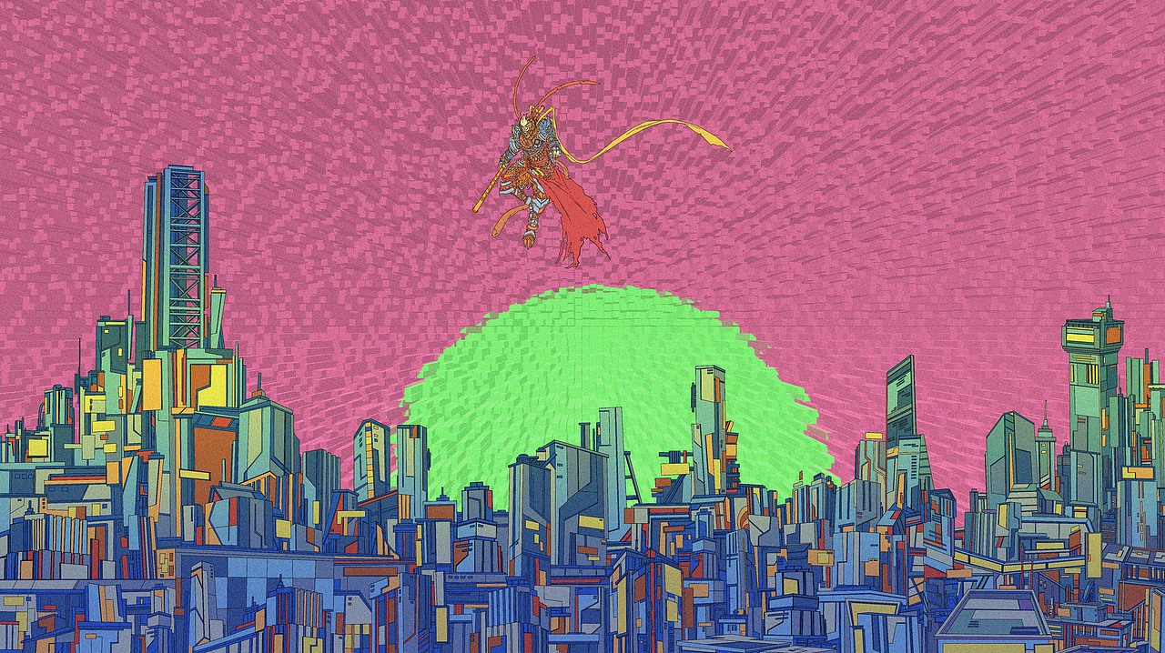 齐天大圣出世,使古典和现代结合,运用赛博朋克风格表现,红蓝色调更