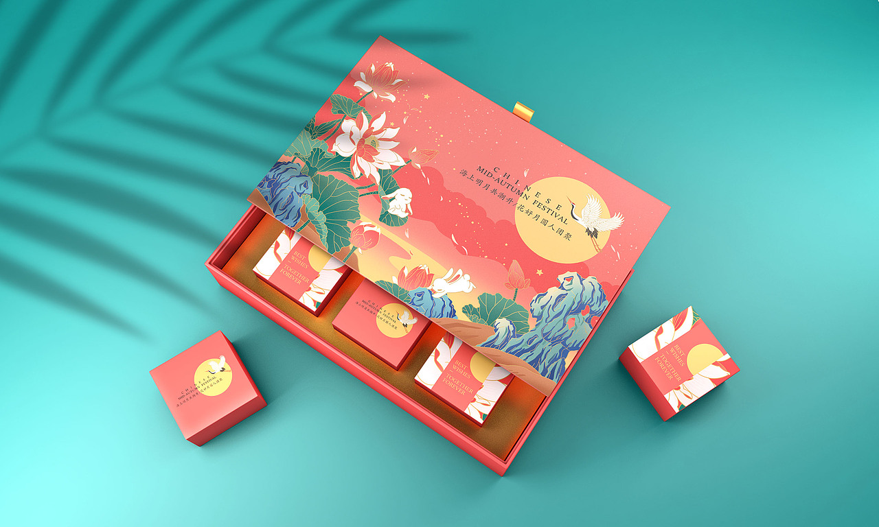 橘猫设计x中秋荷荷美美中秋月饼礼盒包装手绘插画