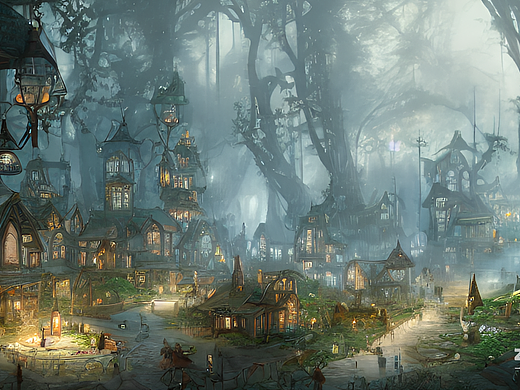 #AI创作实验室#神秘的浪漫小镇，森林包围，有小精灵