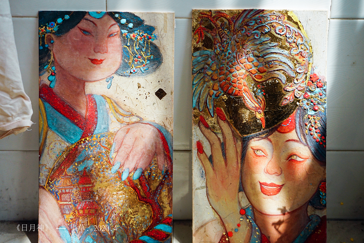 《日神羲和》&《月神常羲》——岩彩创作/过程记录（图ZMjA0NTA5MzY0） - 创作习作 - 站酷设计师牛草oxgrass原创素材 - 站酷ZCOOL