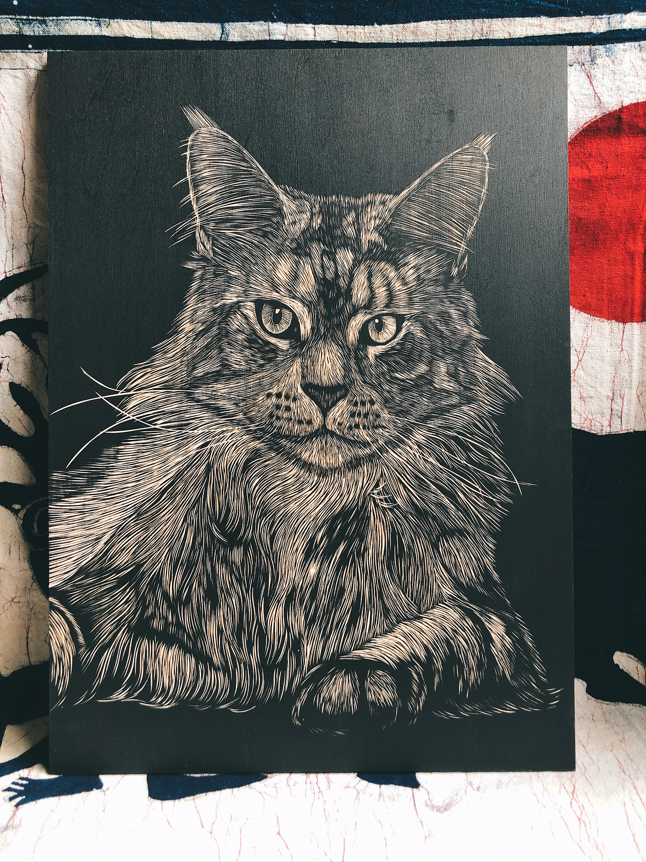 手工雕刻定制黑白木刻版画【猫咪】