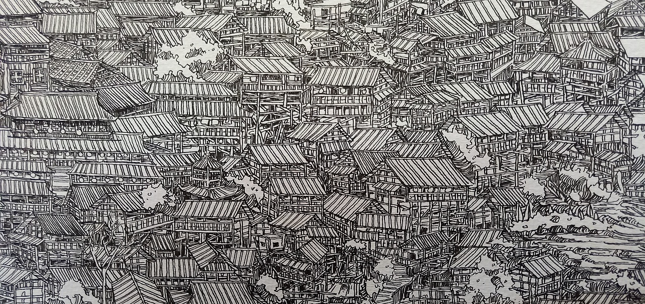 范炯钢笔画手绘表现《千户苗寨》