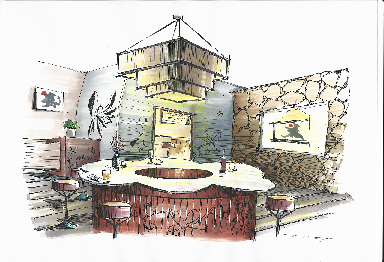 马克笔手绘客餐厅效果图|空间|家装设计|敖珍 - 原创作品 - 站酷 (ZCOOL)