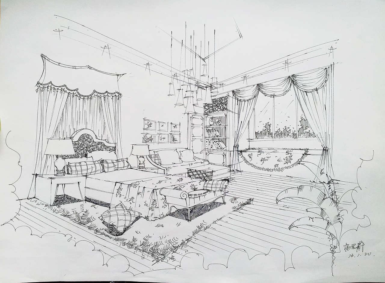 纯手绘卧室线稿