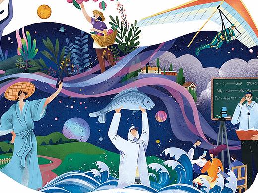 给字节跳动的中秋月饼礼盒方案 抖音红人元素插画