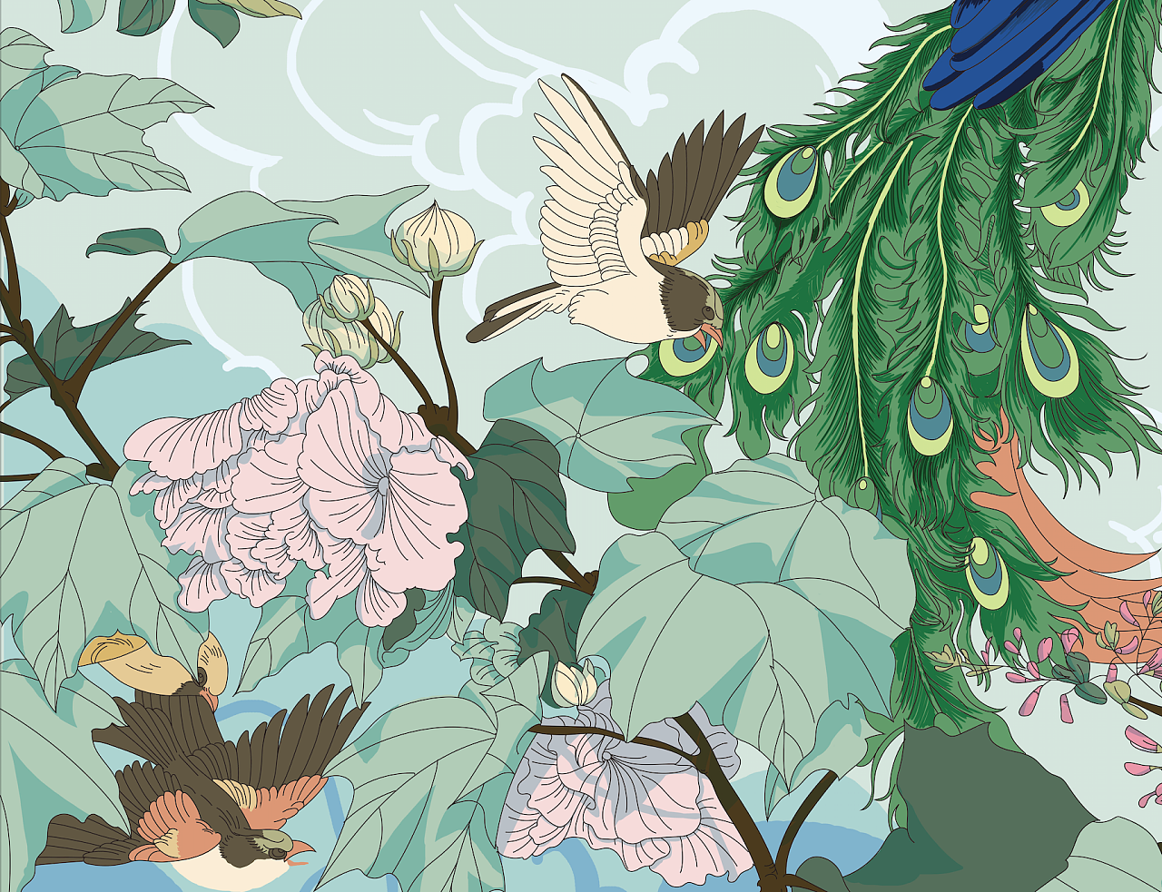 孔雀 丝巾图案绘制