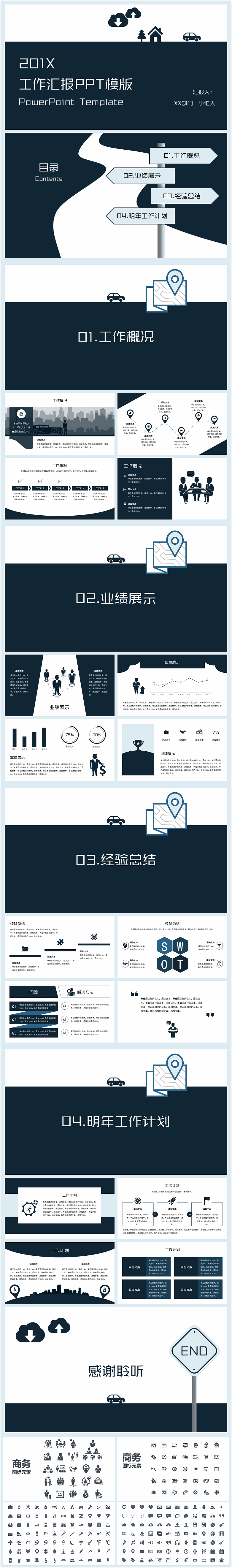 深蓝色创意商务工作汇报PPT模版(动静双版/一键换色)