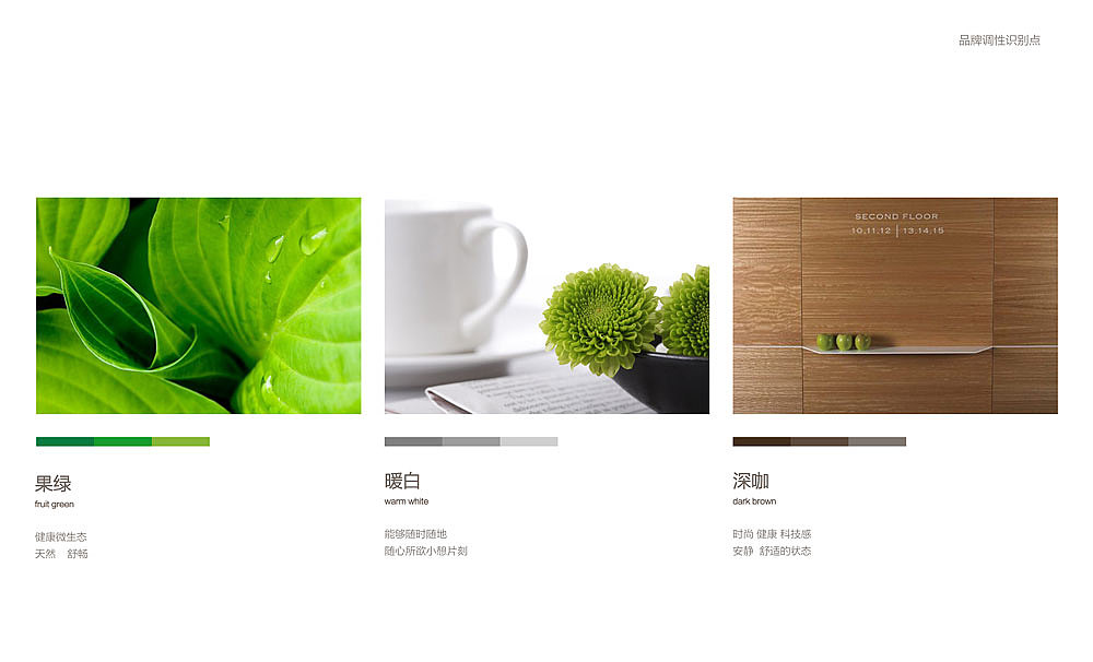 品牌的色彩调性:果绿+暖白+浅咖
_