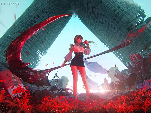 拿着镰刀的包臀裙少女吃苹果和废墟上长出来的彼岸花!