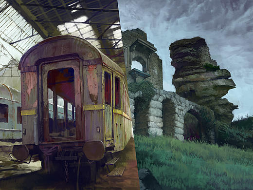 风景画—《破石头墙》《废弃车头》