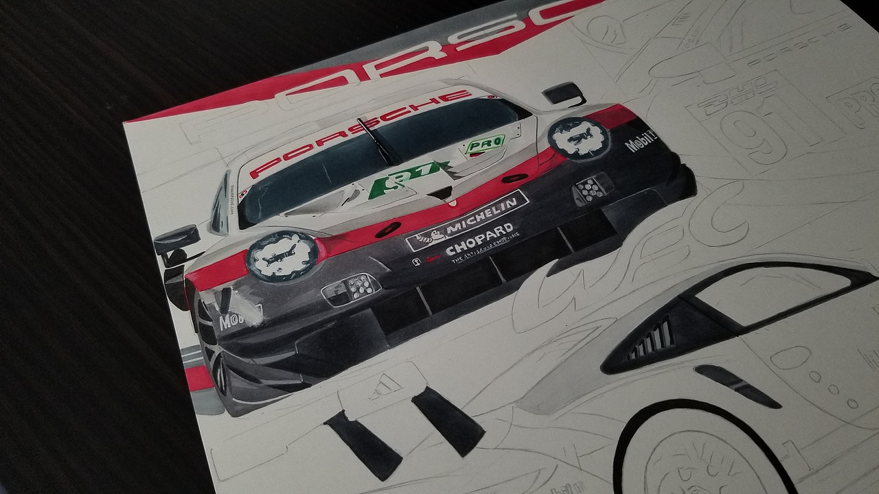 马克笔彩铅手绘 汽车手绘 2017保时捷911 RSR（图ZMjY2MzE4OTY0） - 艺术插画 - 站酷设计师班沙原创素材 - 站酷ZCOOL