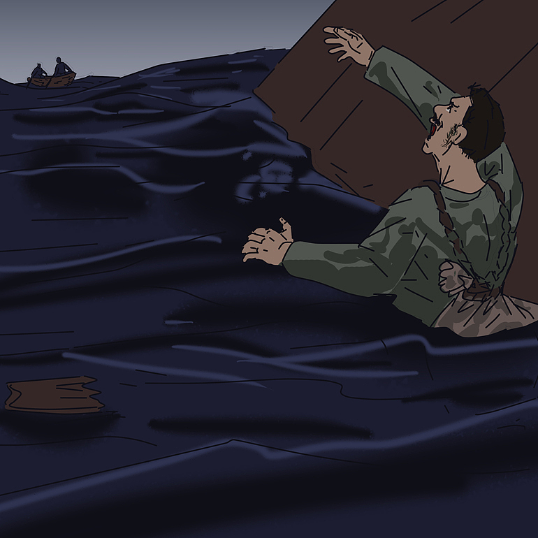 谁知船越发往下沉了,他挣扎着要上救生艇,由于银币太重,使他浮不起来.