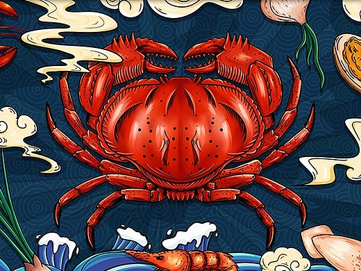 中国风国潮手绘大闸蟹海鲜火锅小龙虾包装插画背景墙