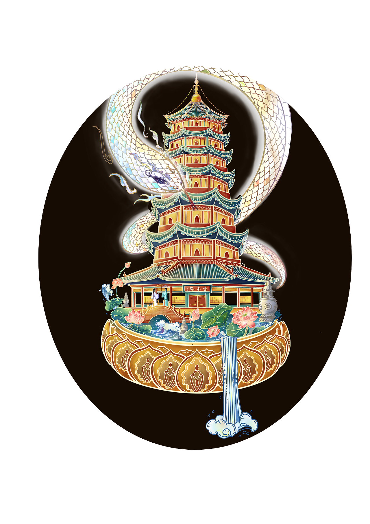 国风插画雷峰塔建筑白蛇青蛇元素