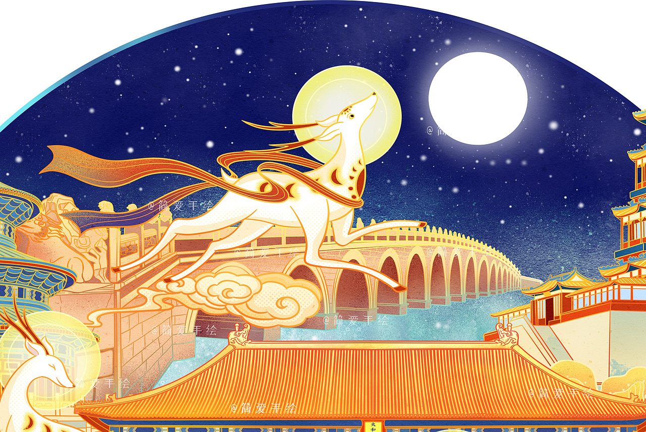 【白鹿追月】中秋立体包装插画（图ZMjE5Njc4MjAw） - 商业插画 - 站酷设计师简爱手绘原创素材 - 站酷ZCOOL