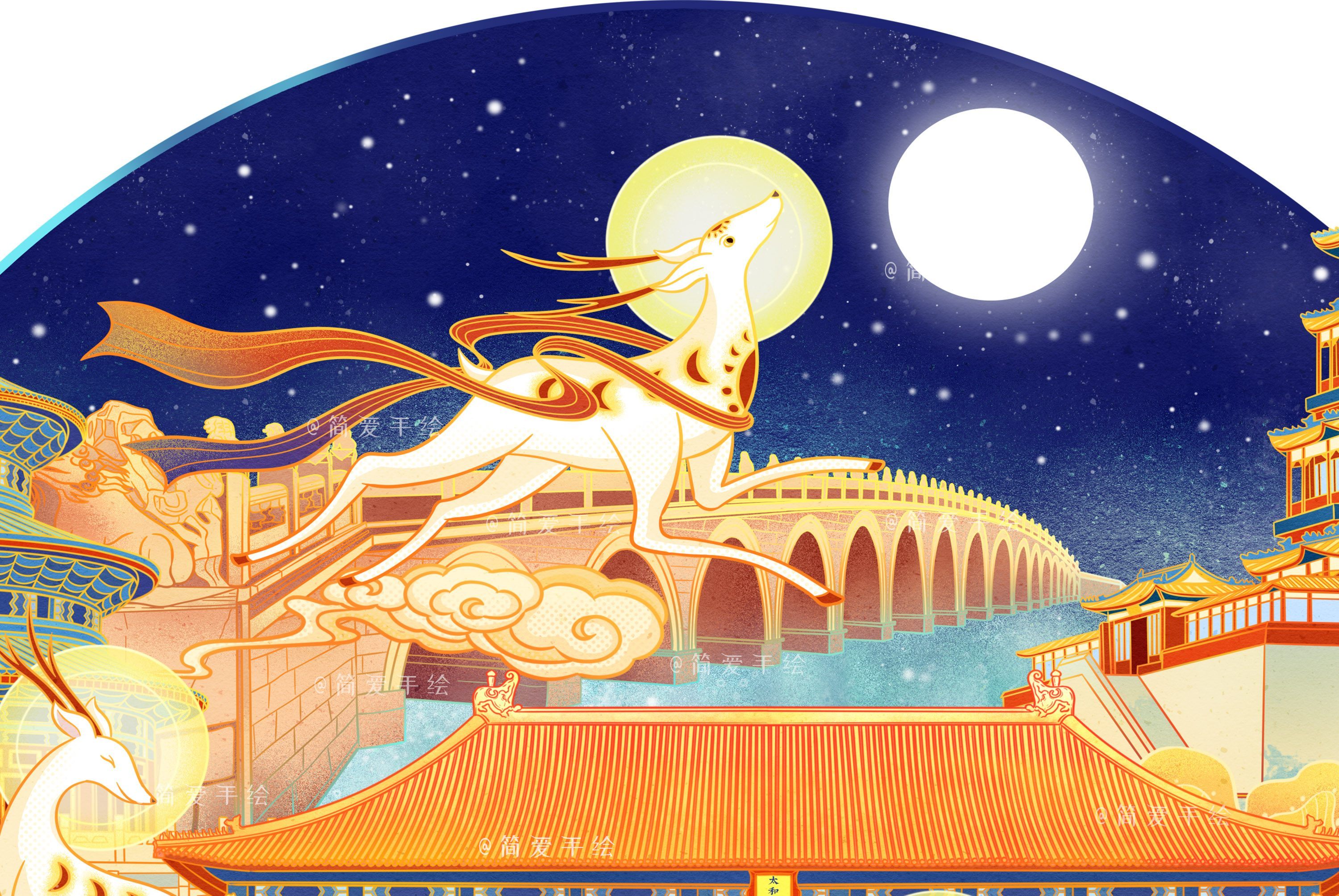 【白鹿追月】中秋立体包装插画