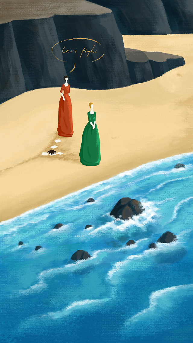 电影刚开始画家Marianne小心翼翼观察着正在凝视惊涛骇浪的Héloïse的轮廓,两人回避又相交的目光,是我很喜欢的一个部分。Marianne在第28页描绘了Héloïse的果体,又一个很喜欢的部分,于是画了这张站在海滩上也是站在了身体上的Marianne和Héloïse