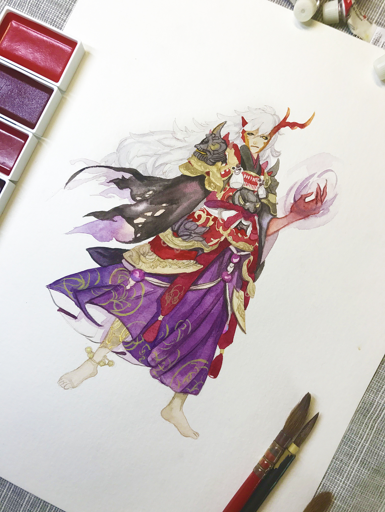 水彩手绘阴阳师茨木童子