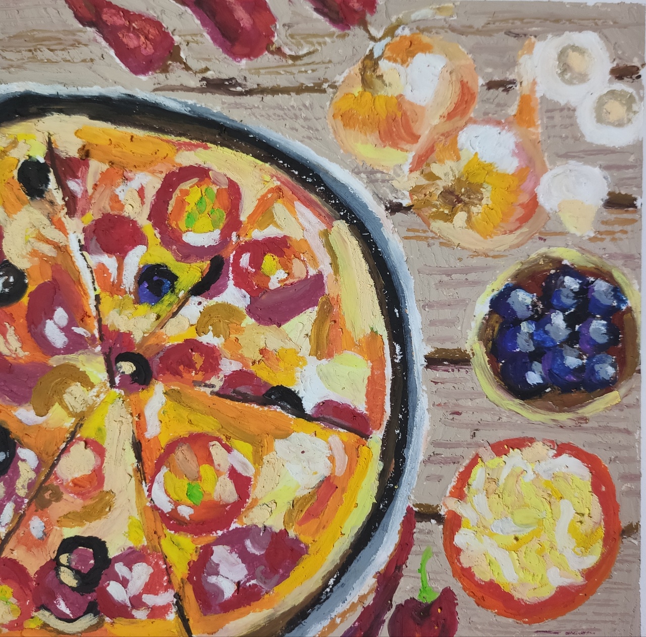 披萨油画棒插画