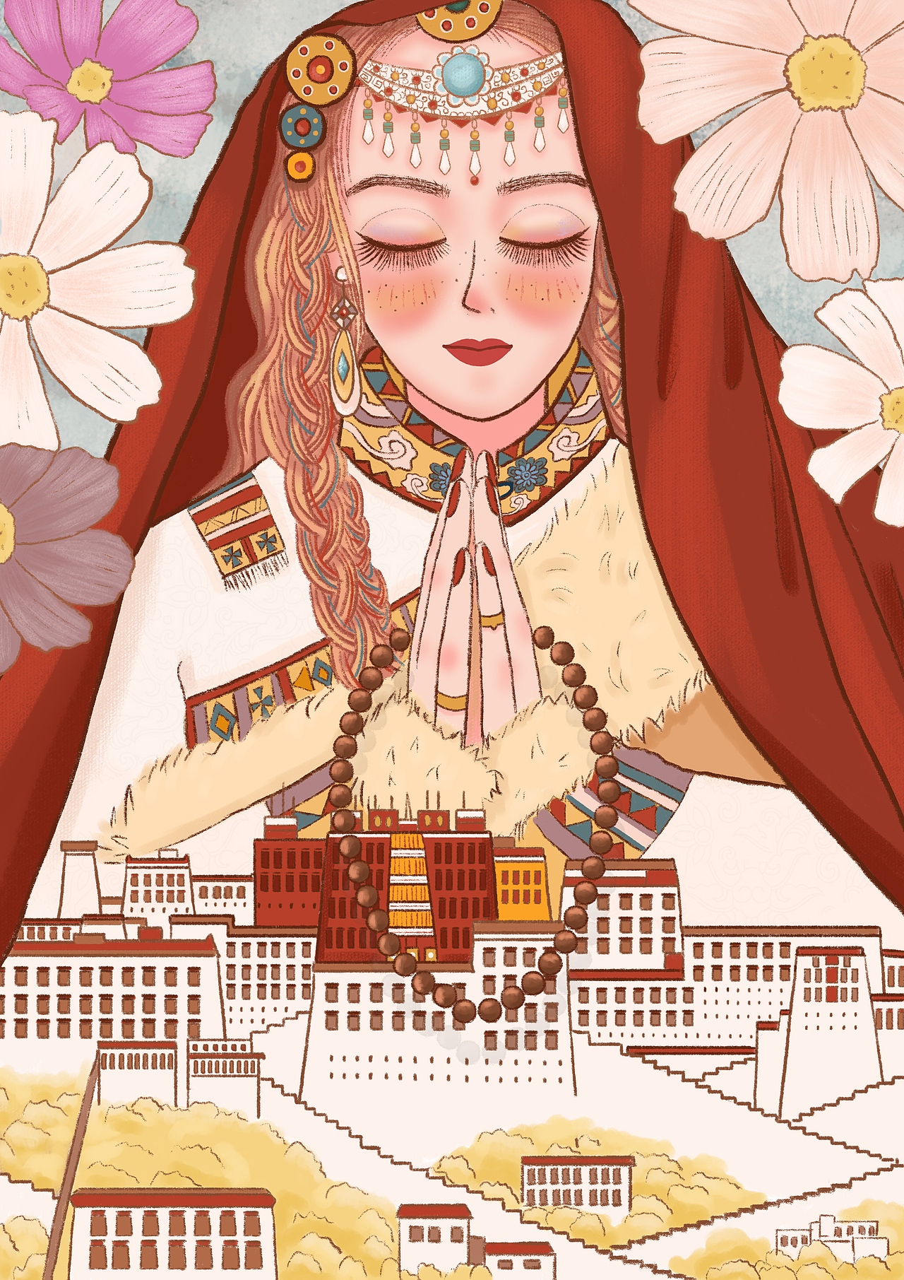 藏族藏装姑娘-花儿与少女-水果女孩|插画|商业插画|sylvia杳亦之_原创