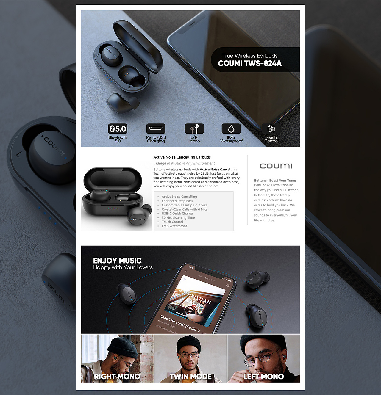 一组蓝牙耳机渲染