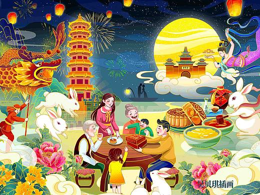 中秋贺图中秋节海报月饼包装插画月饼礼盒礼品糕点习俗