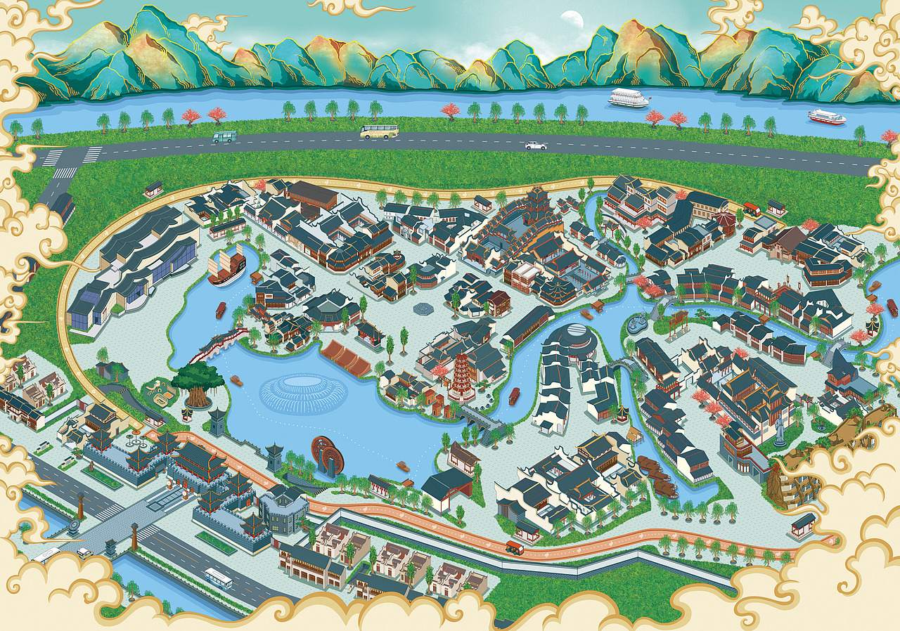 为闽越水镇景区画的手绘地图福州/平面设计师/1年前/567浏览木木wang