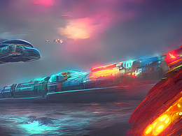 #AI創(chuàng)作實(shí)驗(yàn)室#海上列車(chē)，科幻，燈光，海面，宏大