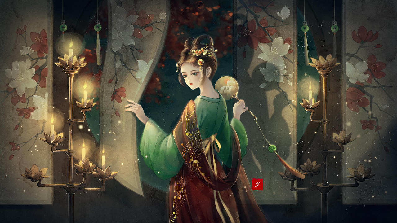 古风水墨插画-夜深花睡