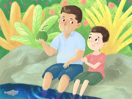 小溪边的父与子——儿童插画