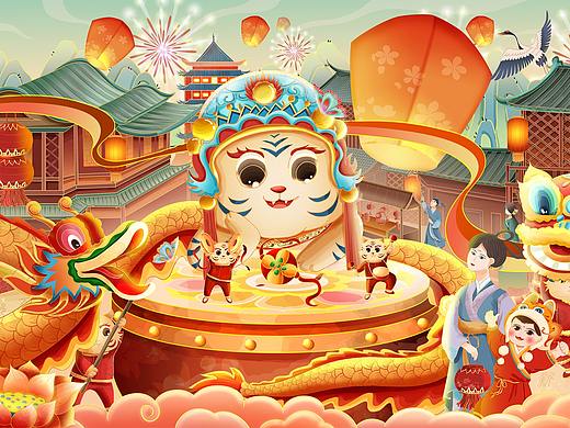 2022年虎年春节长卷插画