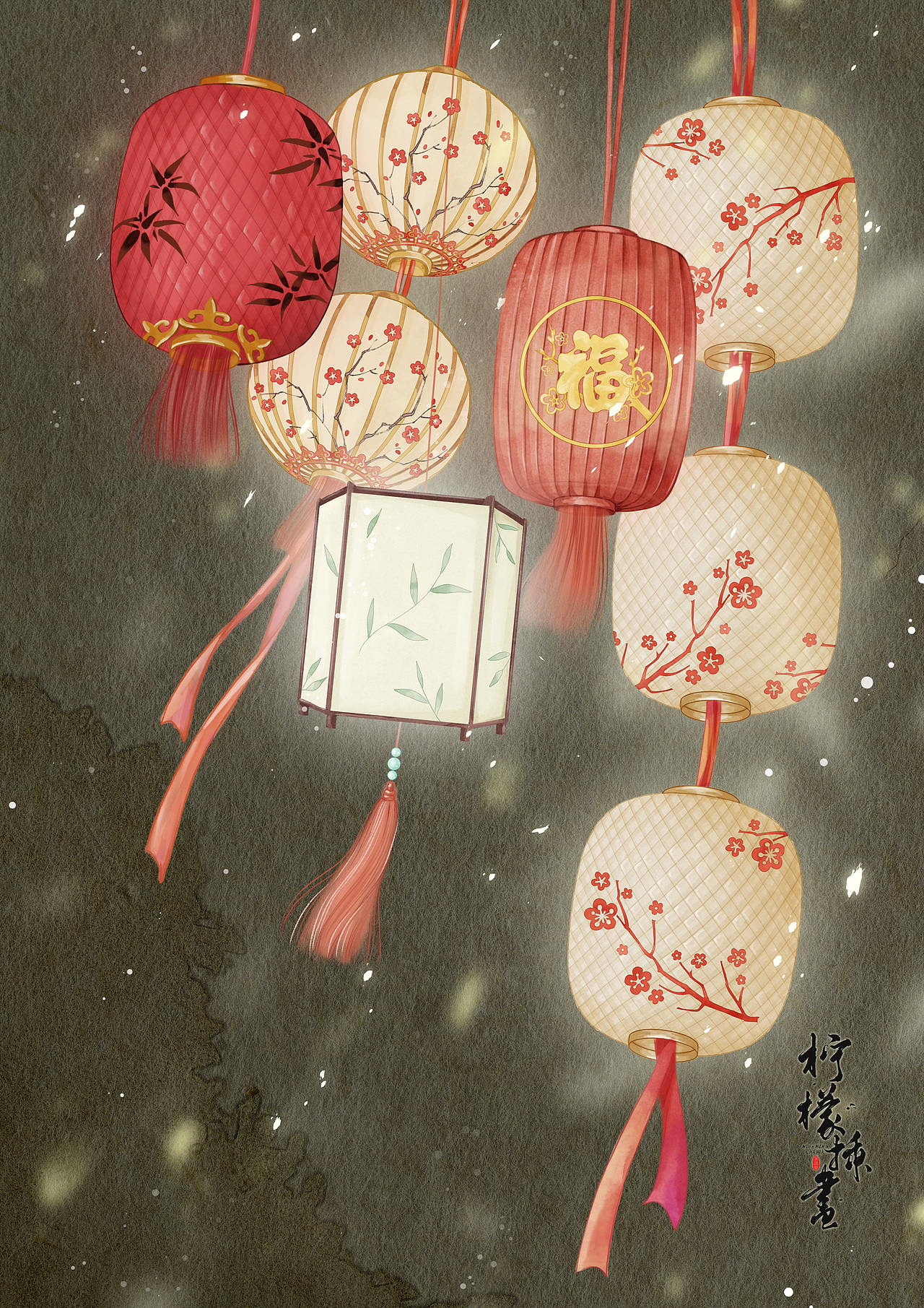 客户定制的古风元素,灯笼,木屋,梨花,荔枝,暖炉等